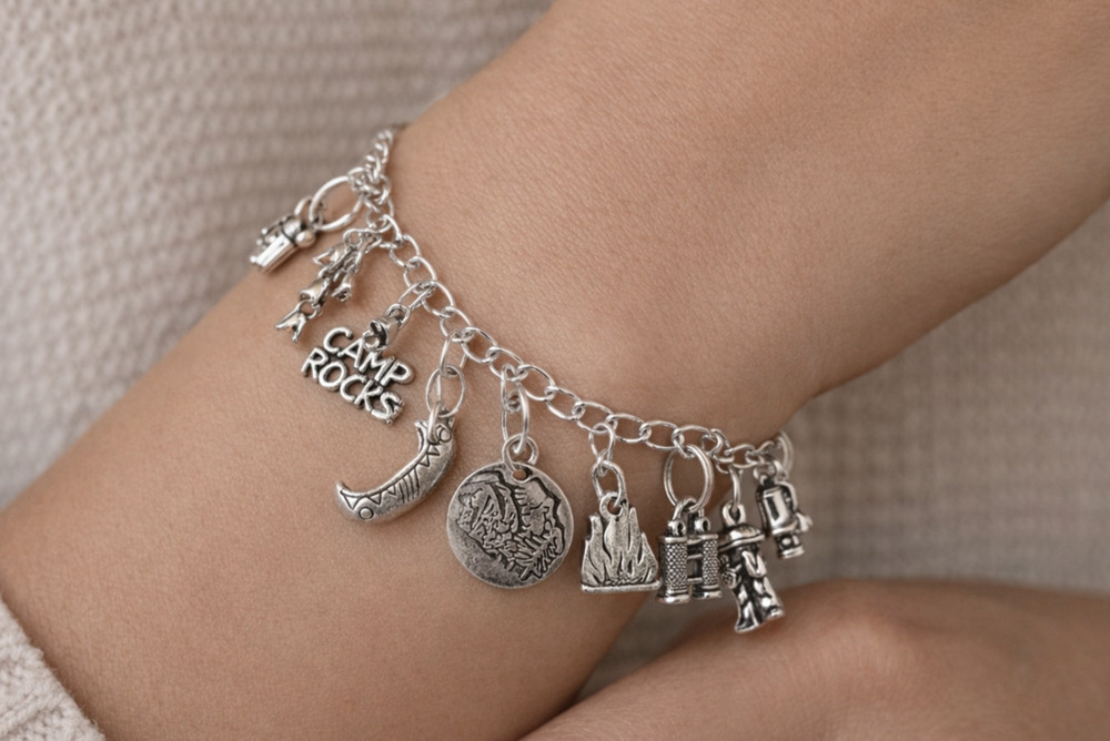 Silver Tone 8" Camp Camping Themed 10 Pc Charm Bracelet New